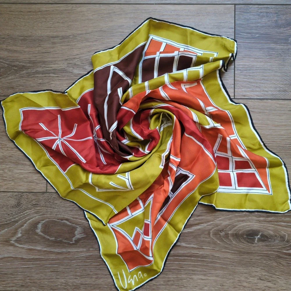 Vtg Vera Neumann Geometric Silk Scarf Retro Yellow Orange Brown Logo MCM Modern